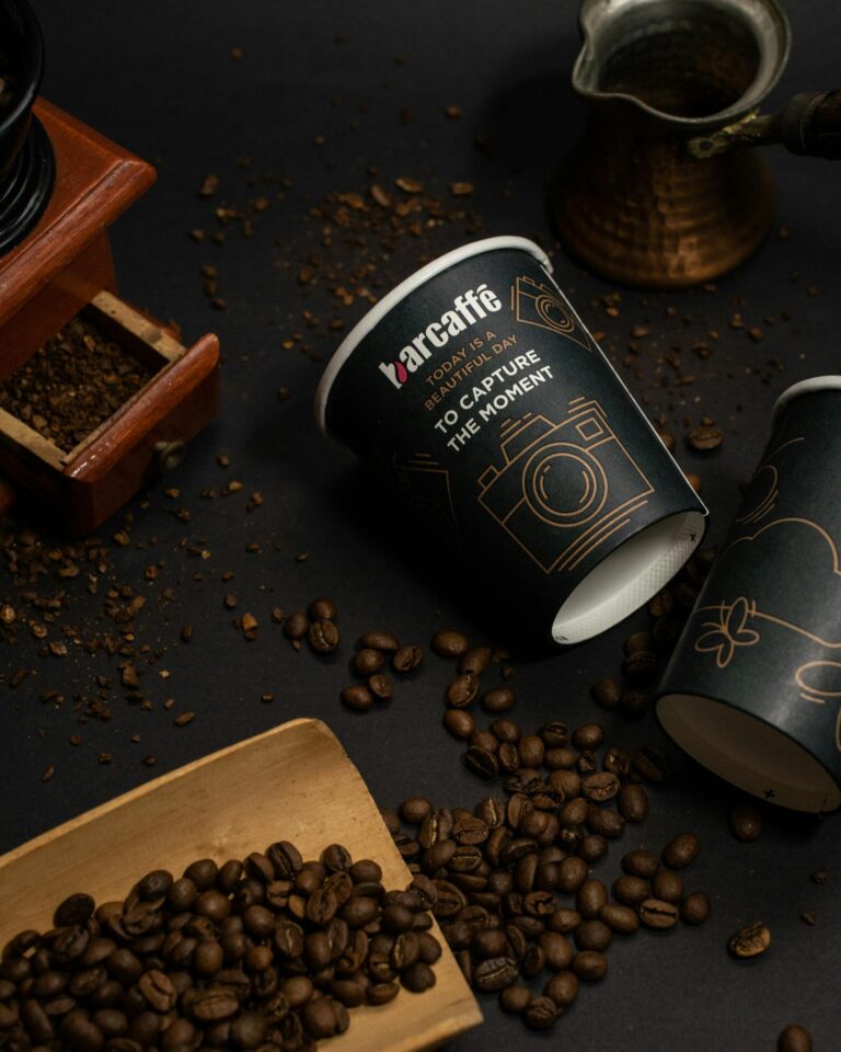 Capture the moment with artisan coffee cups and beans, perfect for cafés and coffee lovers.